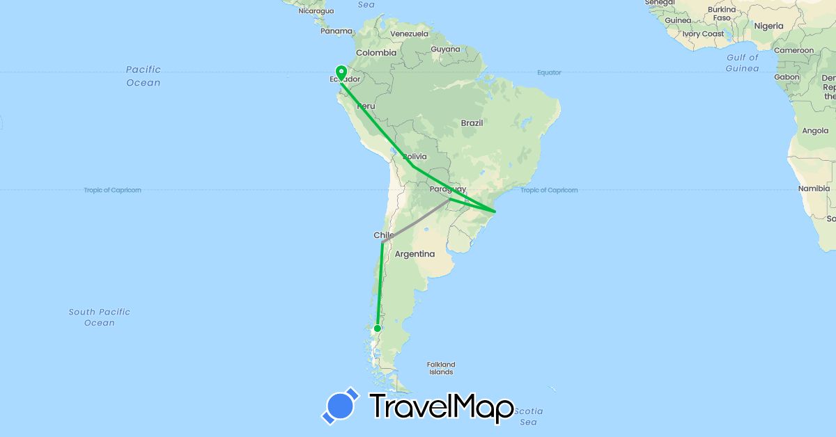 TravelMap itinerary: driving, bus, plane in Bolivia, Brazil, Chile, Ecuador, Paraguay (South America)